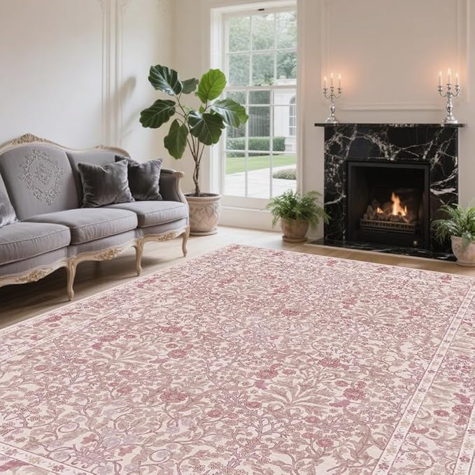 Vintage Pink Living Room Rug, 6x9 Washable Area Rugs for Dining Room Under Table, Soft Low Pile Large Carpet Bedroom, Non-Slip Boho Floral (6 x 9 Pink)