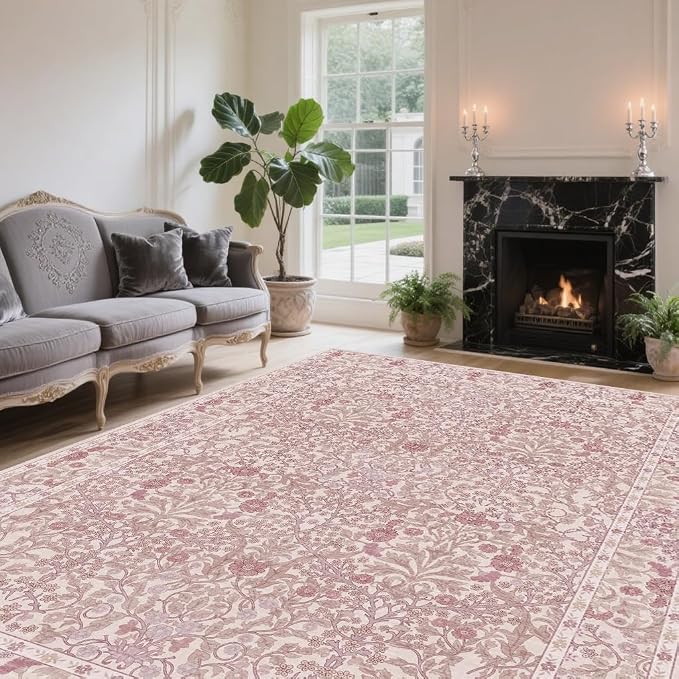 Vintage Pink Living Room Rug, 5x7 Washable Area Rugs for Dining Room Under Table, Soft Low Pile Large Carpet Bedroom, Non-Slip Boho Floral (5 x 7 Pink)