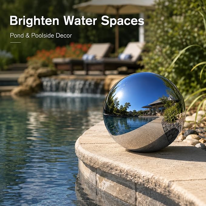 Gazing Ball Garden Mirror Outdoor - 8 Inch Outside Decorative Globe, Silver | Metal Polished Reflective Sphere, Stainless Steel Hollow Decoration Ornament for Home Pond Swimming Pool Housewarming Gift
