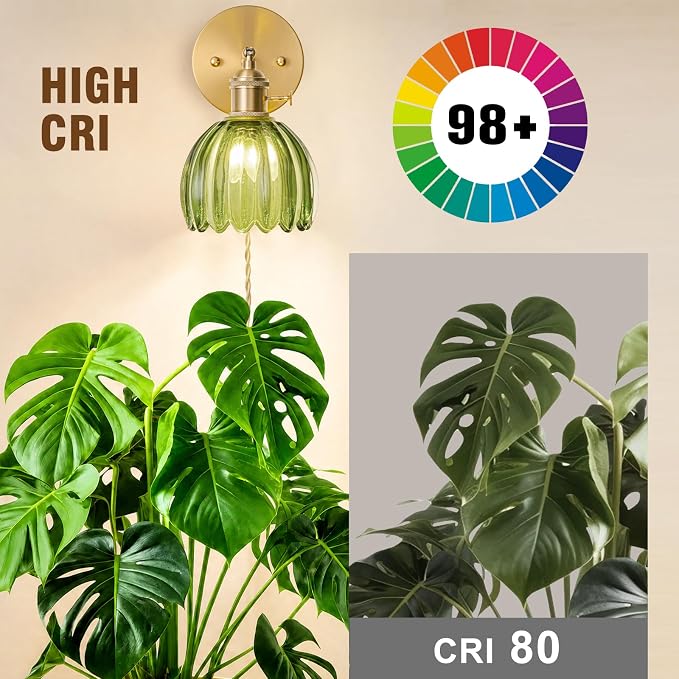 Wall Mounted Grow Lights for Indoor Plants with Vintage Tulip Glass Shade, Switch and Power Cord, Decorative Hanging Plants Light for Growing