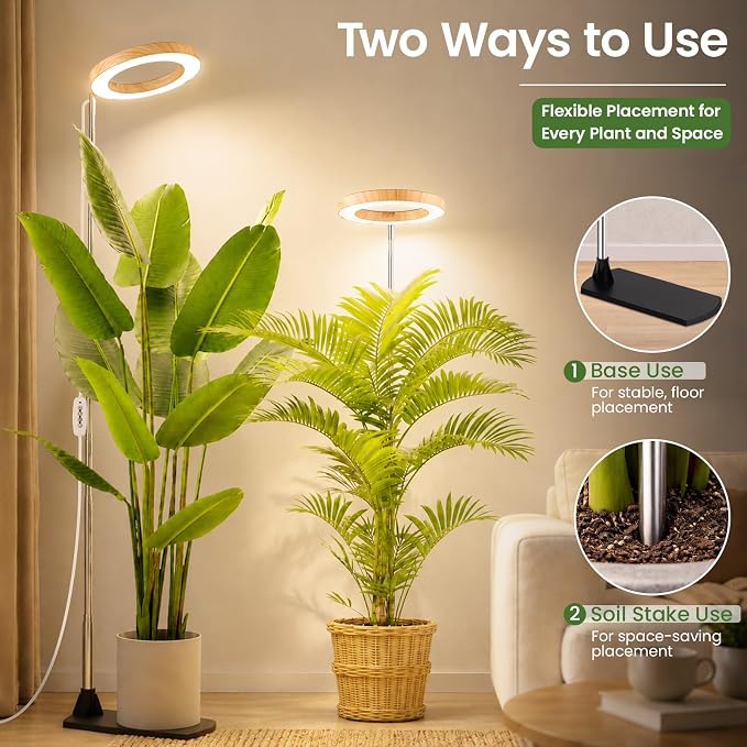 LBW Grow Lights for Indoor Plants, 6.3" Full Spectrum Plant Light with Base, 65" Height Adjustable Grow Lamp, 6/8/12/16H Timer, 3 Colors, 5 Dimmable Levels, for Tall Large Plants, Bamboo Grain, 2 Pack