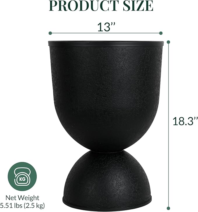 KOL Planters Flower Pots, Plastic Urn Planters for Indoor Outdoor Plants, Black Pedestal Planter Pots 2 Pack, 18 Inch Tall Decorative Planters with Drainage Holes & Plugs for Front Porch Patio Garden