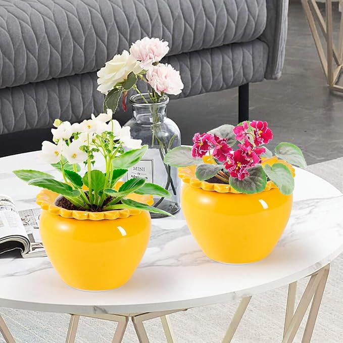 2pcs 6.5inch Design Self Watering Pot for Indoor Plants Yellow Indoor Plants Herbaceous Plants Flowers Terracotta Pots African Violet Pots Ceramic Orchid Planter Absorbent Inner Pot