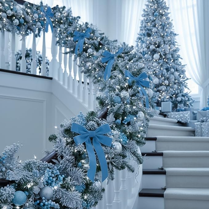 Soulchen 12 Pcs 20 Inches Christmas Garland Ties with Large Velvet Bows Reusable Holiday Wreath Twist Tie Bows for Banister Christmas Tree Indoor Outdoor Party Decorations (Blue)