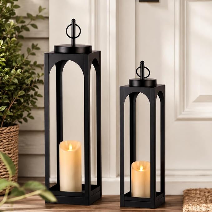 MATAHUM 24" 19" Large Lanterns Decorative Outdoor Indoor, 2 Pcs Black Metal Floor Candle Lanterns with Candle, Farmhouse Lantern Decor Outdoor Lanterns for Front Porch, Fireplace Mantel, Patio, Garden