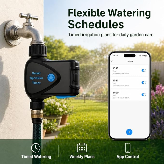 WiFi Water Timer with Built-in Flow Meter, Smart Garden Hose Controller, No Hub Required, 2.4GHz App Remote Control, Timed & Volume Watering, Rain Delay, IP65 Waterproof for Lawn Garden Greenhouse