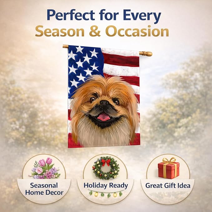 Caroline's Treasures CK6639CHF Pekingese Dog American Flag House Flag Large Porch Sleeve Pole Decorative Outside Yard Banner Artwork Wall Hanging, Polyester, House Size, Multicolor