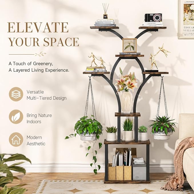 Elbourn 8 Tiered 60" Tall Plant Stand Indoor Shelf with Grow Lights (Brown) | Corner Shelf Decor
