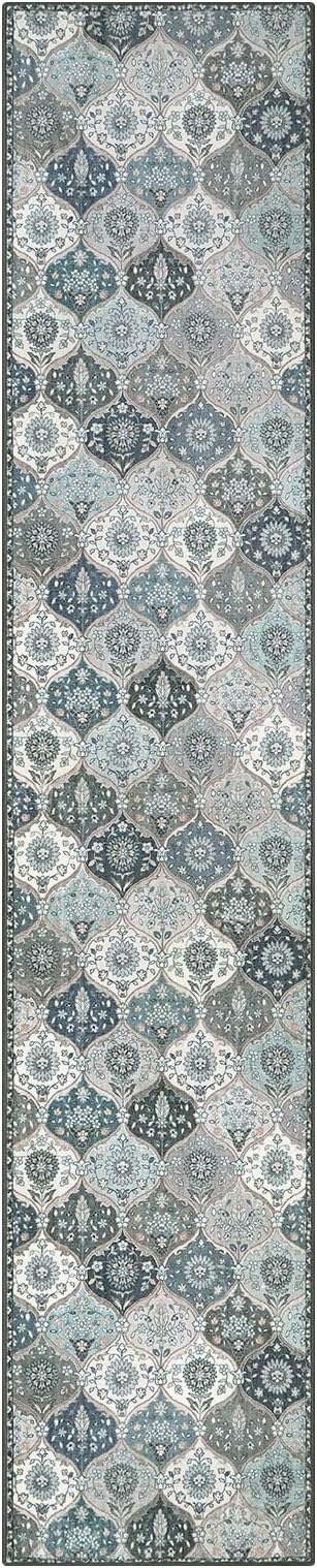 Lahome Moroccan Hallway Runner Rug Non Slip, 2x10 Washable Kitchen Runner | 2x10 Vintage Ultra-Thin Throw Long Carpet for Kitchen Entryway Bedroom Hallways Laundry Room Elise, Blue
