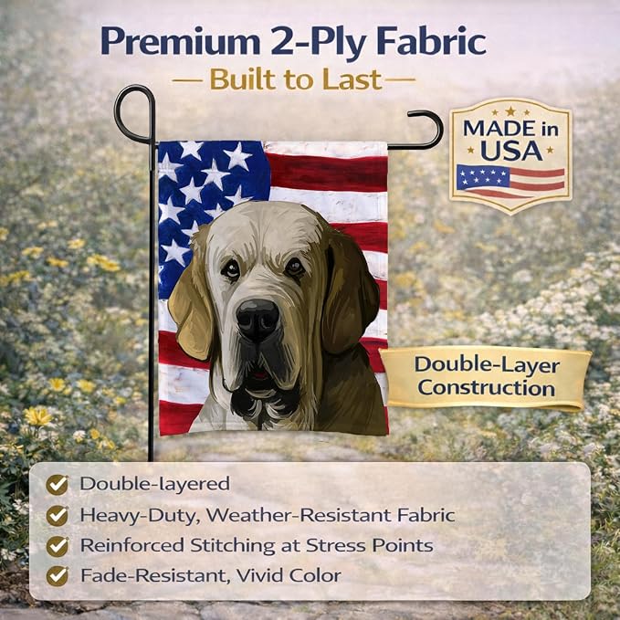 Caroline's Treasures CK6718GF Spanish Mastiff Dog American Flag Garden Flag Mailbox Flag Decorative Yard Flag Banner Outside Patio Artwork Yard Flower Beds, Garden Size, Multicolor