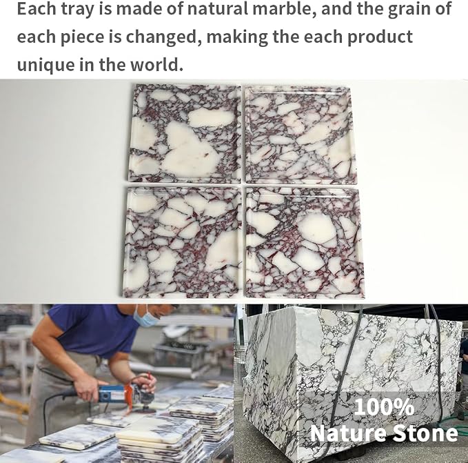 DUANYAN Natural Marble Tray, Coffee Table, Food, Fruit, Paper Cup, Cake Display, Coffee bar, Family Gatherings, Seasonal Holiday Decoration Tray(Viola-square-9.8"x9.8"x0.7")