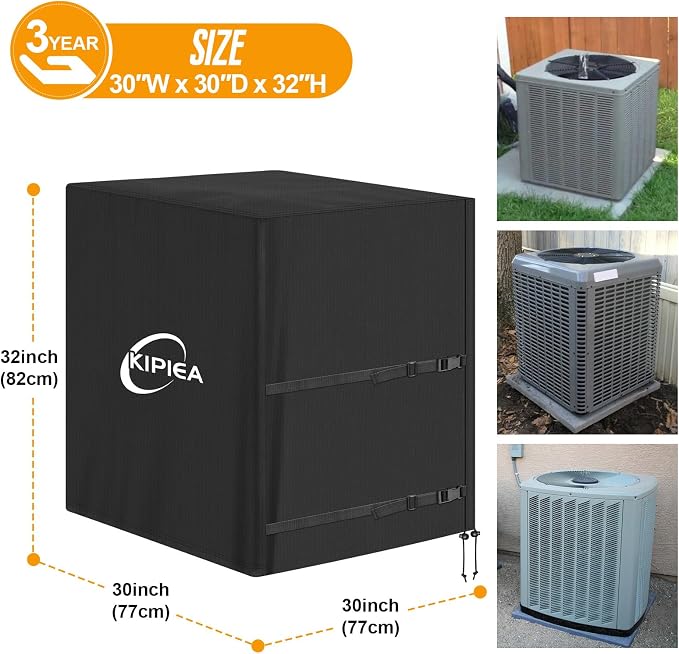 Kipiea Heavy Duty Air Conditioner Cover for Outside Units, Windproof, Anti-UV, Tear & Fade Resistant AC Cover for Winter (30" W x 30" D x 32" H)