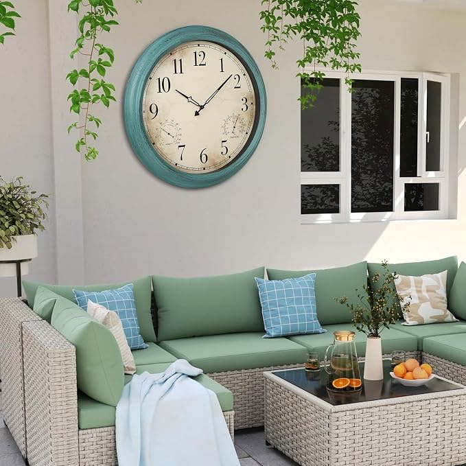 18 Inch Wall Clock, Retro Outdoor Clock Non-Ticking Waterproof Indoor Outdoor Clock with Thermometer, Green