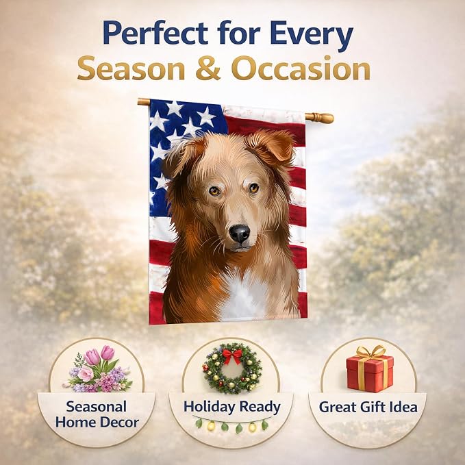 Caroline's Treasures CK6418CHF Basque Shepherd Dog American Flag House Flag Large Porch Sleeve Pole Decorative Outside Yard Banner Artwork Wall Hanging, Polyester, House Size, Multicolor