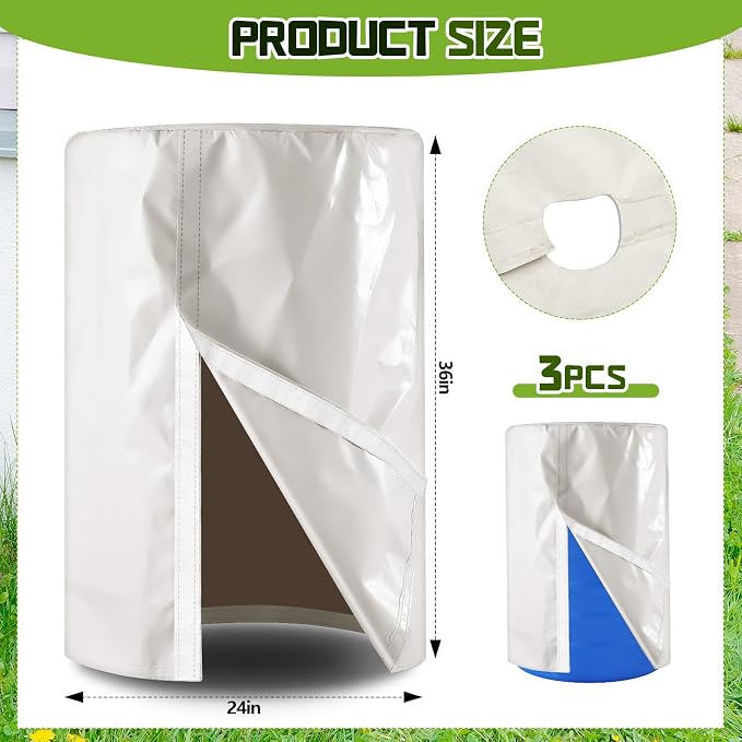 3 Piece 55 Gallon Drum Cover 24 x 36 Inch 55 Gallon Water Barrel Covers Outdoor Waterproof Rain Snow Water Storage Bucket Lid Protective Hook/loop Closure Anti Dust (White)