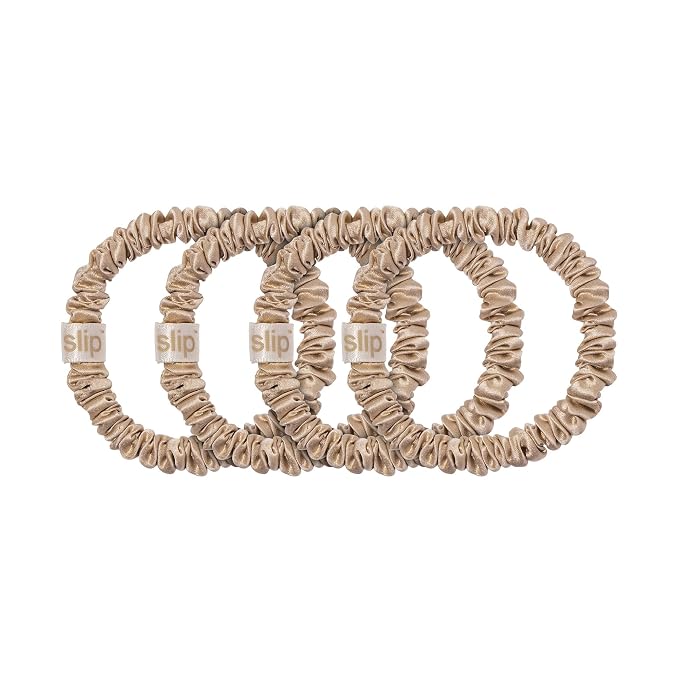 Slip Silk Hair Ties — Skinny Silk Blonde Scrunchies, No Damage, No Crease, Anti-Breakage |100% Mulberry Silk | All Hair Types | Made with Proprietary Slipsilk™ | Set of 4