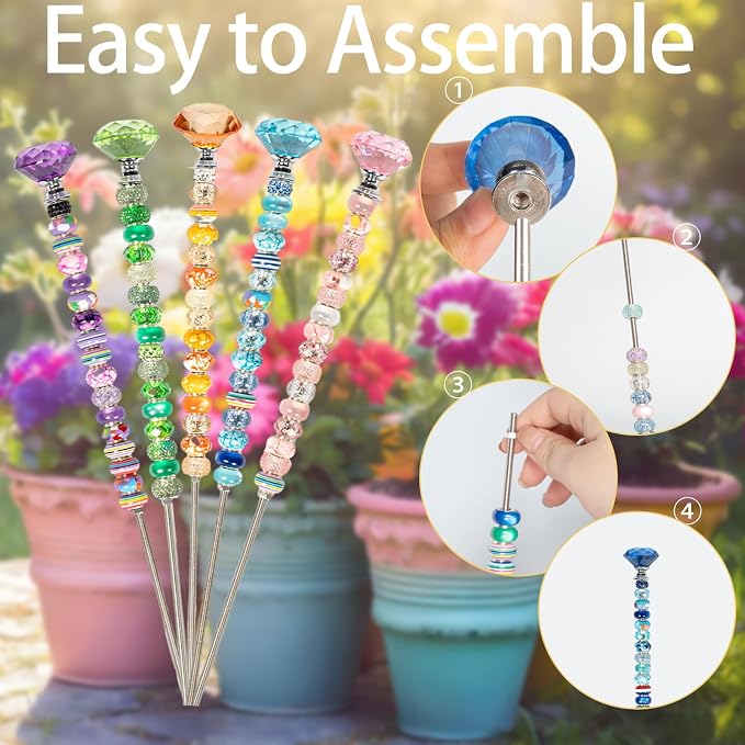 230pcs Beaded Garden Stakes Kit Fairy Garden Stakes Includes 10 Colorful Crystal Top 200 Round Colorful Bead 10 Stainless Steel Threaded Rods and Nuts for Outdoor Decoration(Diamond Style)