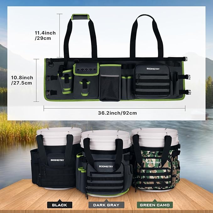 Boomistry Fishing Bucket Organizer for 5 Gallon Bucket, Dark Gray | 15 Multi-Pockets, 4 Built-in Rod Holder Storage, 3 Adjustable Buckles, for All Fishing Gear & Tackle Accessories