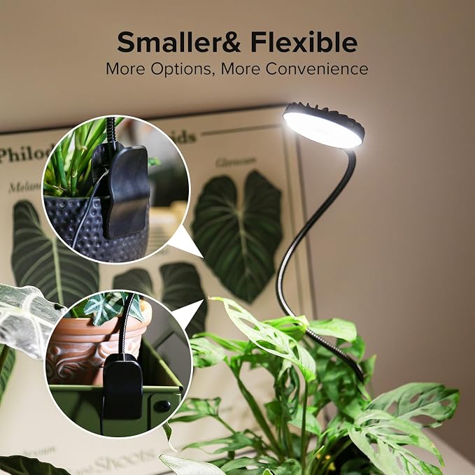 2 Pack 12W Each Black Clip-On Grow Lights for Indoor Plants, Pot Clip Plant Lights with Flexible Gooseneck, 4000K Full Spectrum, 3/6/12H Timer, 4 Dimmable Levels