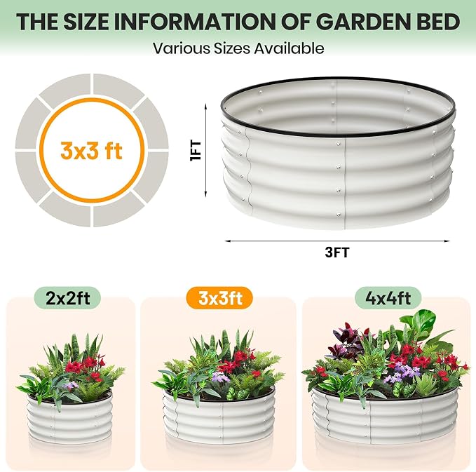 Garvee Galvanized Raised Garden Bed, 2Pcs Raised Garden Beds Outdoor, Round Planter Raised Beds with Gloves and Rubber Edge Trim for Vegetables, Flowers and Herbs, 3x3x1 FT, White