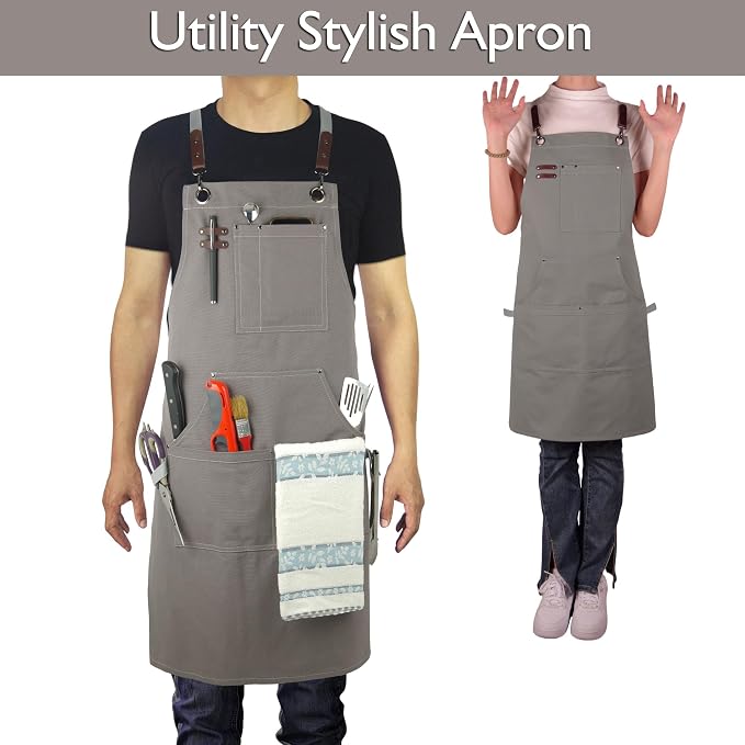 Kitchen Apron, Work Apron, Canvas Apron, Dark Gray | Multiple Pockets, Gardening, Painting, BBQ, Artist, Carpenter, Sizes M to XXL