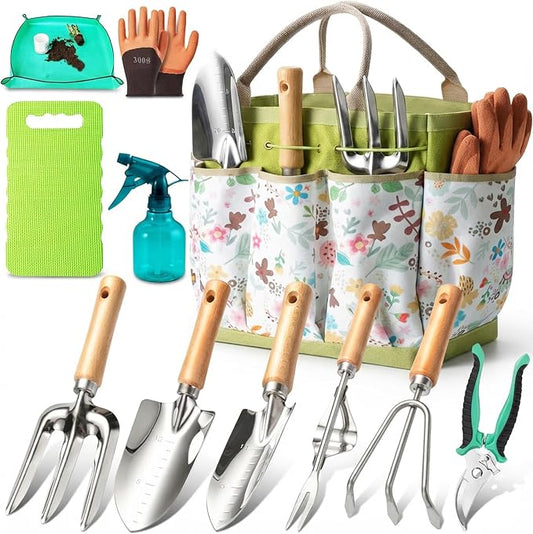 Garden Tool Set 11-Piece Heavy Duty Gardening Hand Tools - Rust-Resistant Stainless Steel with Durable Stylish Garden Tools Organizer Tote Bag, Perfect Gardening Gift for Women, Mom & Garden Lovers