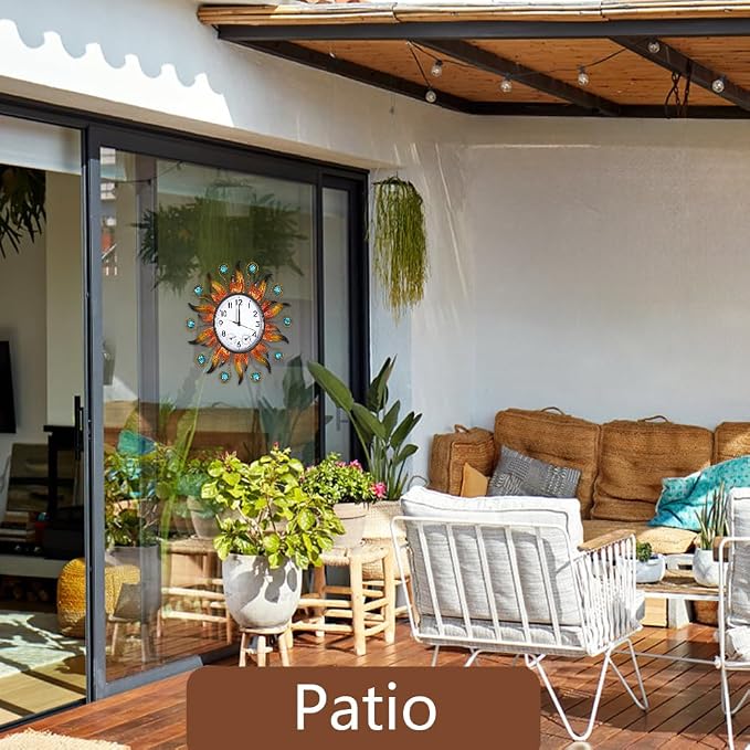 Sun Outdoor Clock with Thermometer and Hygrometer Combo, Silent No-Ticking Outdoor Wall Clock, Waterproof Quartz Clock for Patio, Living Room, Kitchen, Garden, 13 Inch | Silent No-Ticking, Easy to Read, Quartz Clock Waterproof, Decor for Patio, Living ...