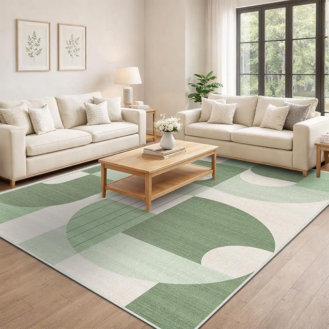 5x7 Green and White Geometric Boho Area Rug for Living Room Bedroom Abstract Large Rug Machine Washable Non-Slip Carpet for Dining Room Office
