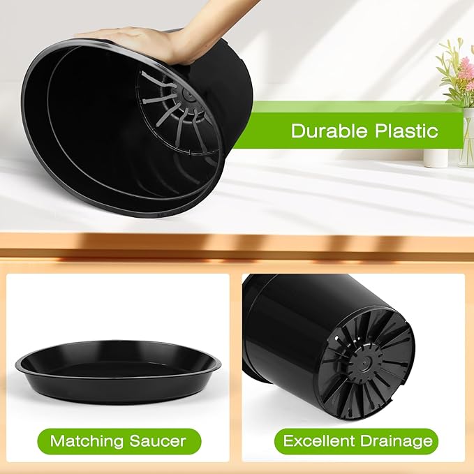 FUIJOL 1 Gallon Plastic Pots with Drip Trays, Sturdy Gallon Plant Pots with Drainage Holes, Large Gallon Pots for Flowers, Ideal for Indoor and Outdoor Use (1Gallon-12PACK)