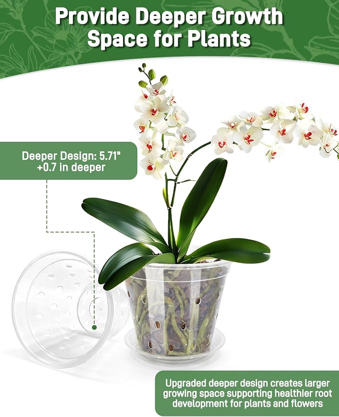 10 Pack 7 Inch Orchid Pot , Deeper and Thicker Plastic Orchid Pots with Holes, Clear Orchid Pots with Holes and Saucers for Repotting , Indoor and Outdoor Orchid Planter for Healthy Root Growth
