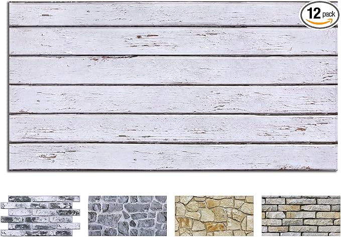 COMSTICKC 3D Faux Wood Wall Sticker, Peel and Stick Wall Covering,12 pcs of 22.8" x 11.8", DIY Lightweight PVC White Wood Self Adhesive Decorative Tiles Wallpaper,Paintable,Covers 22.48 sq.ft