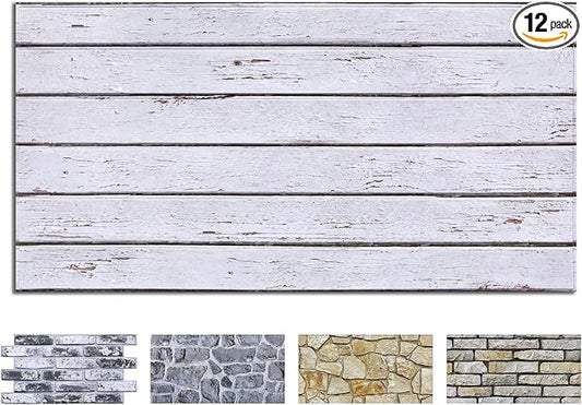 COMSTICKC 3D Faux Wood Wall Sticker, Peel and Stick Wall Covering,12 pcs of 22.8" x 11.8", DIY Lightweight PVC White Wood Self Adhesive Decorative Tiles Wallpaper,Paintable,Covers 22.48 sq.ft