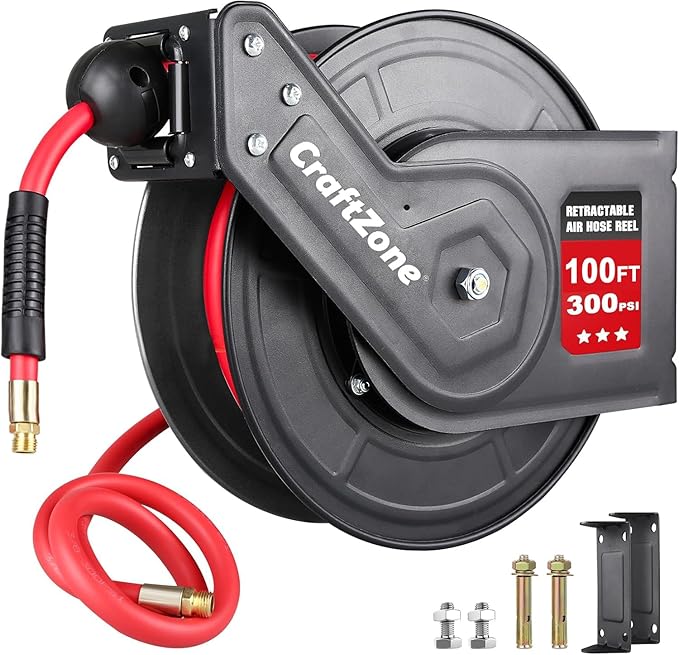 Retractable Air Hose Reel | Rewind 100 ft x 3/8 in Hybrid Air Hose Max 300PSI | Heavy Duty Air Compressor Hose Reel with Auto Rewind and Bracket | Ceiling|Wall Mount for Garage | Workshop&Home Studio