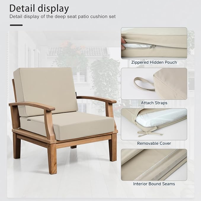 Favoyard Deep Seat Patio Cushion Set 19 x 19 Inch Waterproof Outdoor Chair Cushions for Patio Furniture with Fade Resistant and Removable Cover with Handle & Adjustable Straps for Patio, Yard, Garden