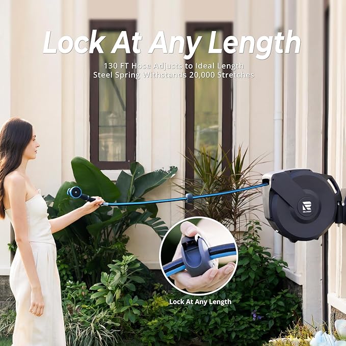 Relhost Retractable Garden Hose Reel, 1/2 in x 130 ft Wall Mount Heavy Duty Hose Reel with Any-Length Lock, Auto Rewind System, 180° Swivel Bracket, and 10-Pattern Nozzle for Garden, Dark Grey