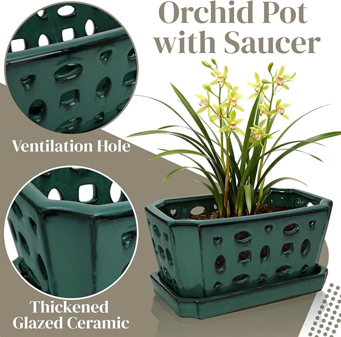 Pumtus Ceramic Orchid Pot with Saucer & Holes, Large Rectangle Repotting Plant Pot with Gloves & 3 PCS Shovels, Thickened Glazed Decorative Planter, Slotted Flower Container for Good Air Circulation