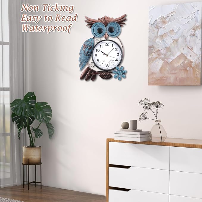 MUMTOP Owl Outdoor Clock Waterproof, 14.56 Inch Outside Wall Clock with Thermometer Combo for Patio Pool Garden Home Decor