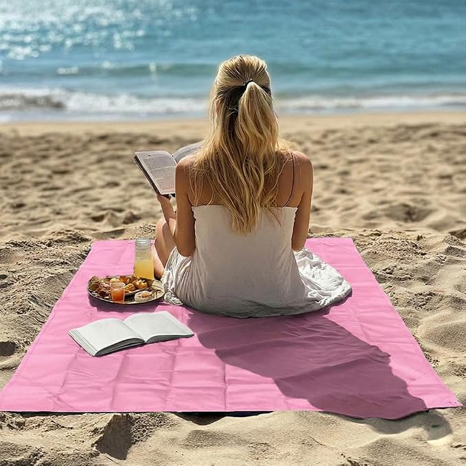 Outdoor Pocket Blanket, 55"x39" Waterproof Foldable Compact Small Picnic Blanket, Ultralight Tarp for Camping, Festival, Beach, Hiking, Backpacking, Travel, Stakes Included (Pink)
