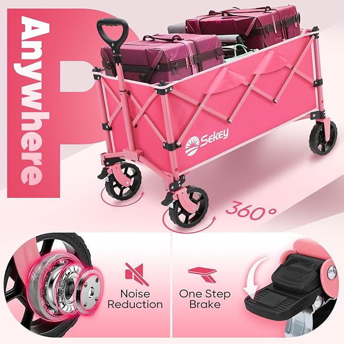 Sekey Collapsible Foldable Wagon with 300lbs Weight Capacity, Heavy Duty Folding Wagon Cart with Big All-Terrain Wheels.Pink