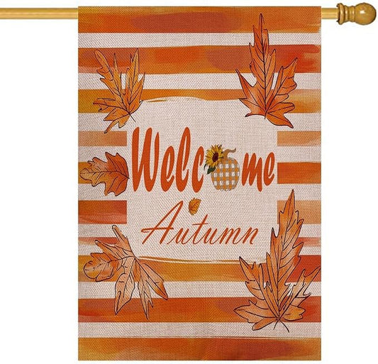 EMMTEEY Welcome Garden Flag Fall Leaf 28X40 Double-Sided, Seasonal Yard Flags Welcome Autumn Large Burlap Garden Flags for Outside Front/Back Door