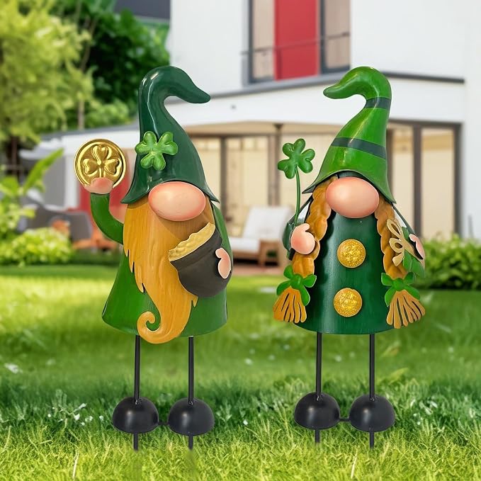 18 Inch Spring Gnomes Outdoor Decor, 2Pcs Metal Gnomes Garden Stakes, Gnome Gifts for Women Outside Decorations for Yard Home Garden Lawn Patio