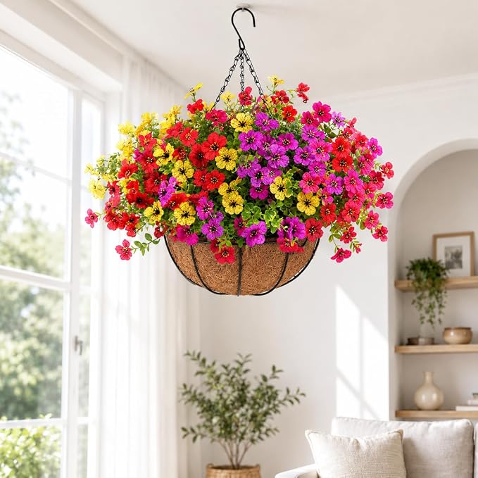 Geegoods 2 Pack Artificial Hanging Flowers for Outdoors, 24 Pcs UV Resistant Faux Mums Flowers with 2 Hanging Baskets, Fake Hanging Plants for Front Porch, Patio, Balcony, Yard and Garden Decor
