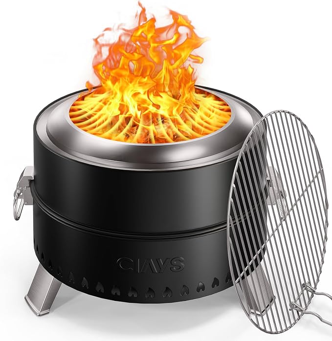 Ciays Smokeless Firepit, 19 Inch Fire Pit for Camping with Patented Technology, Portable Fire Pit for Outside with Steel Grill Rack, Fire Poker, and Bag, Easy Setup and Storage, Wood Burning (Black)