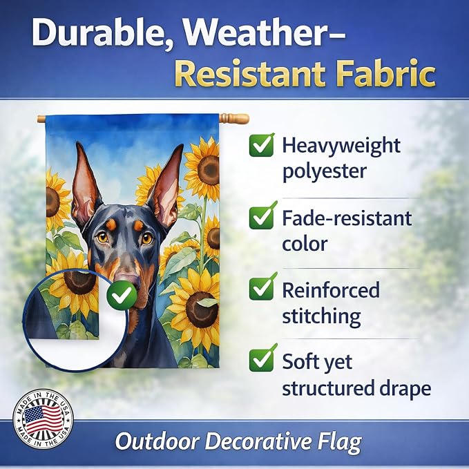 Caroline's Treasures DAC6068CHF Doberman Pinscher in Sunflowers House Flag Large Porch Sleeve Pole Decorative Outside Yard Banner Artwork Wall Hanging, Polyester, House Size, Multicolor
