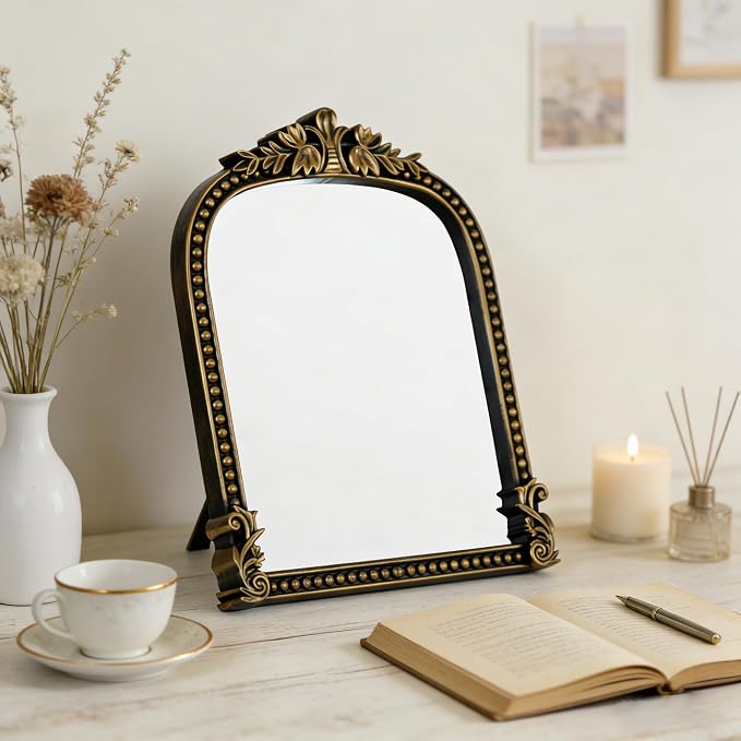 Vintage Gold Plastic Arched Makeup Mirror, Standing, Hanging or Wall Mount, Bathroom, Living Room, Bedroom Decorative Mirror (Bronze-10.6x8.6 inch)