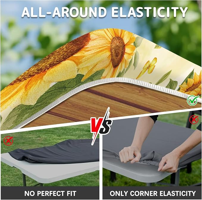 Picnic Table Cover with Bench Covers Elastic Edges, 3 Pcs Sunflower Fitted Table Cover with Drawstring Bag, Waterproof Windproof Aesthetic Camping Tablecloth, Outdoor Camping Essentials 72 Inch