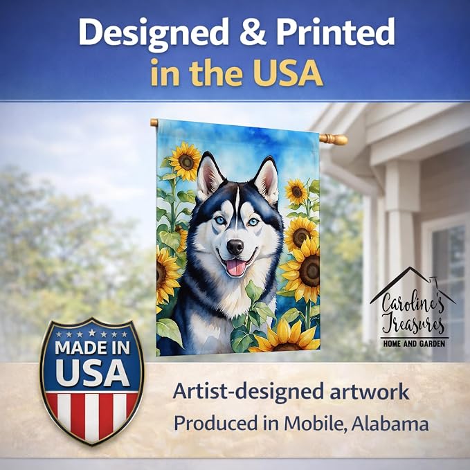 Caroline's Treasures DAC6164CHF Siberian Husky in Sunflowers House Flag Large Porch Sleeve Pole Decorative Outside Yard Banner Artwork Wall Hanging, Polyester, House Size, Multicolor