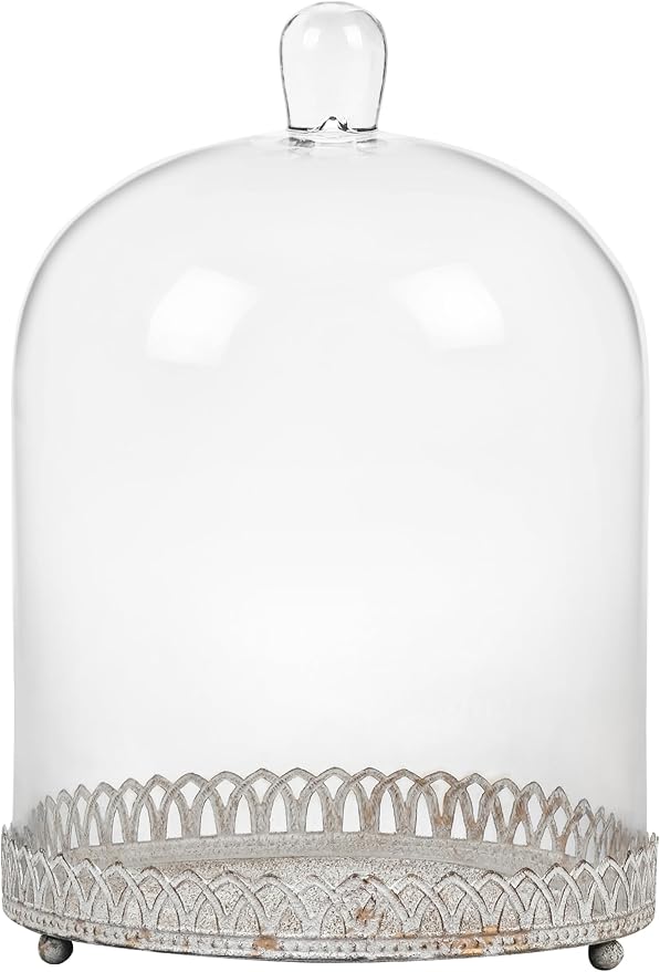 Twakutwku 12" Tall Large Sturdy Handmade Glass Cloche Dome with Metal Base in Shabby White for Plant, Terrarium, Collectibles, Candle. Cloche Glass Dome, Bell Jar Display Case (Shabby White, 12")