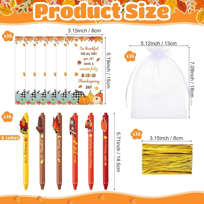 Marspark 30 Sets Fall Gifts Bulk Thanksgiving Ballpoint Pens and Thankful Maple Greeting Cards Set with Bags Twist Ties Autumn Holiday Appreciation Gifts for School Office Thanksgiving Party Favors