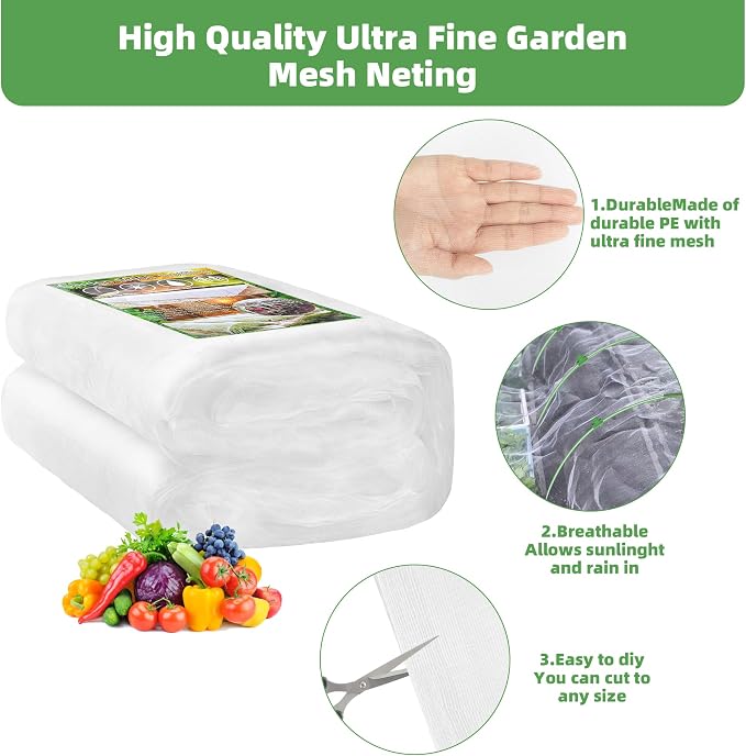 U0U Garden Mesh Netting Kit,7.8 x 24 Ft Plant Netting with Hoops,Bird Net for Garden with 6 Sets Garden Hoops & 18 Clips,Garden Net Bed Cover for Plants Birds Animals Protection (White)